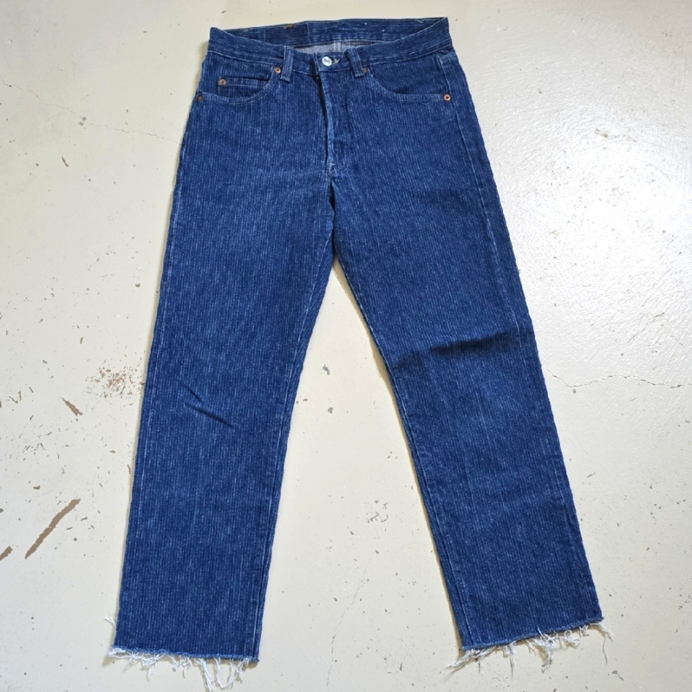 Vintage LEVI'S Size 29 Railroad Hickory Striped Raw Hem Jeans 1980's Dark Wash
